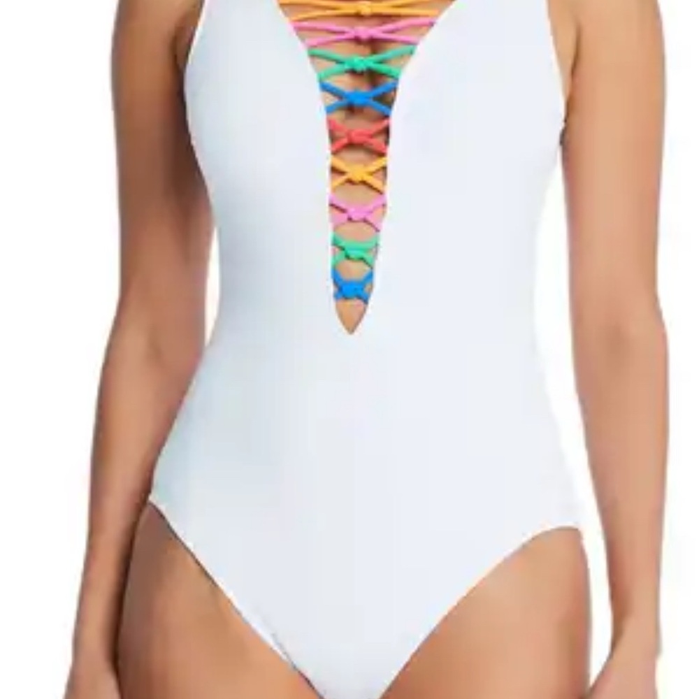 Bleu Rod Beattie White One Piece Swimsuit with Multicolor Detail